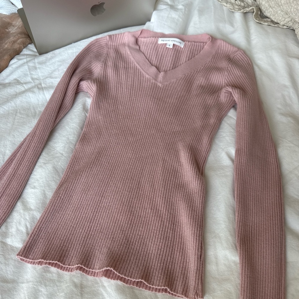 Source Unknown Ribbed V-Neck Long Sleeve Top - Dusty Pink